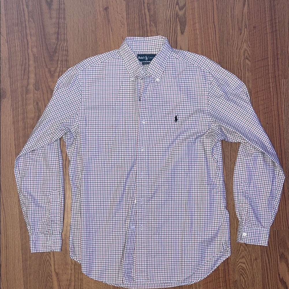 Ralph Lauren Men’s White Shirt with Navy and Red Mini-Check